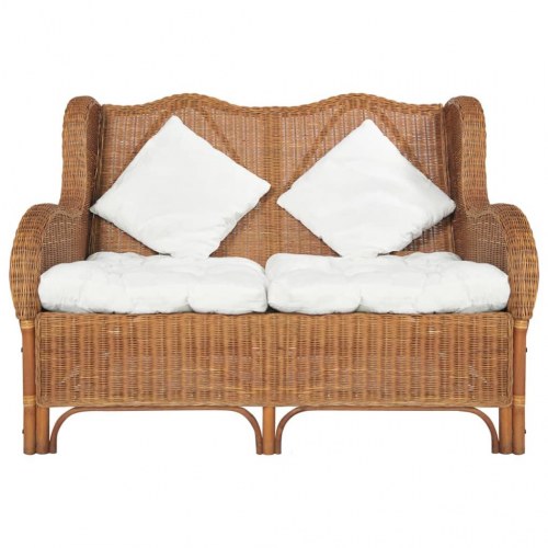 2-personers sofa i naturlig rattan med linnedhynder - lysebrun