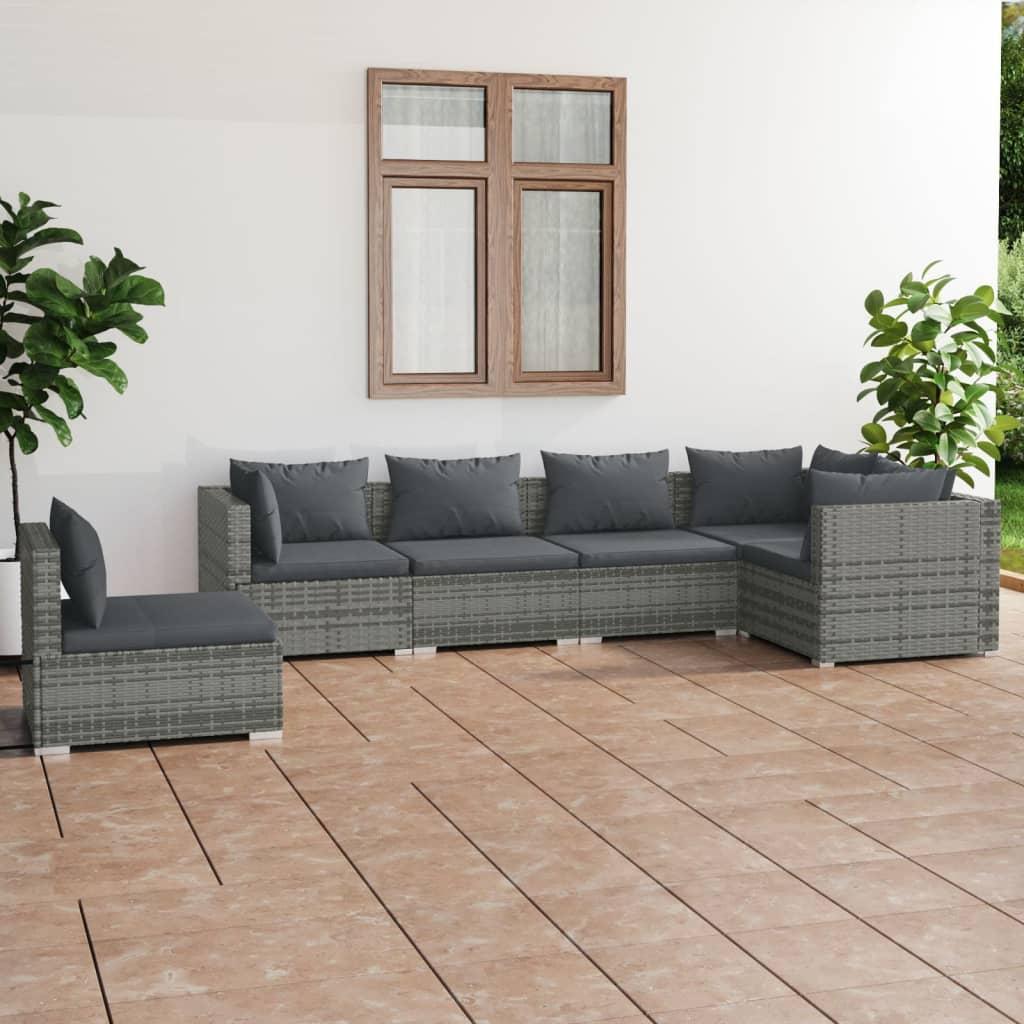 Loungesæt til haven 6 dele med hynder polyrattan grå