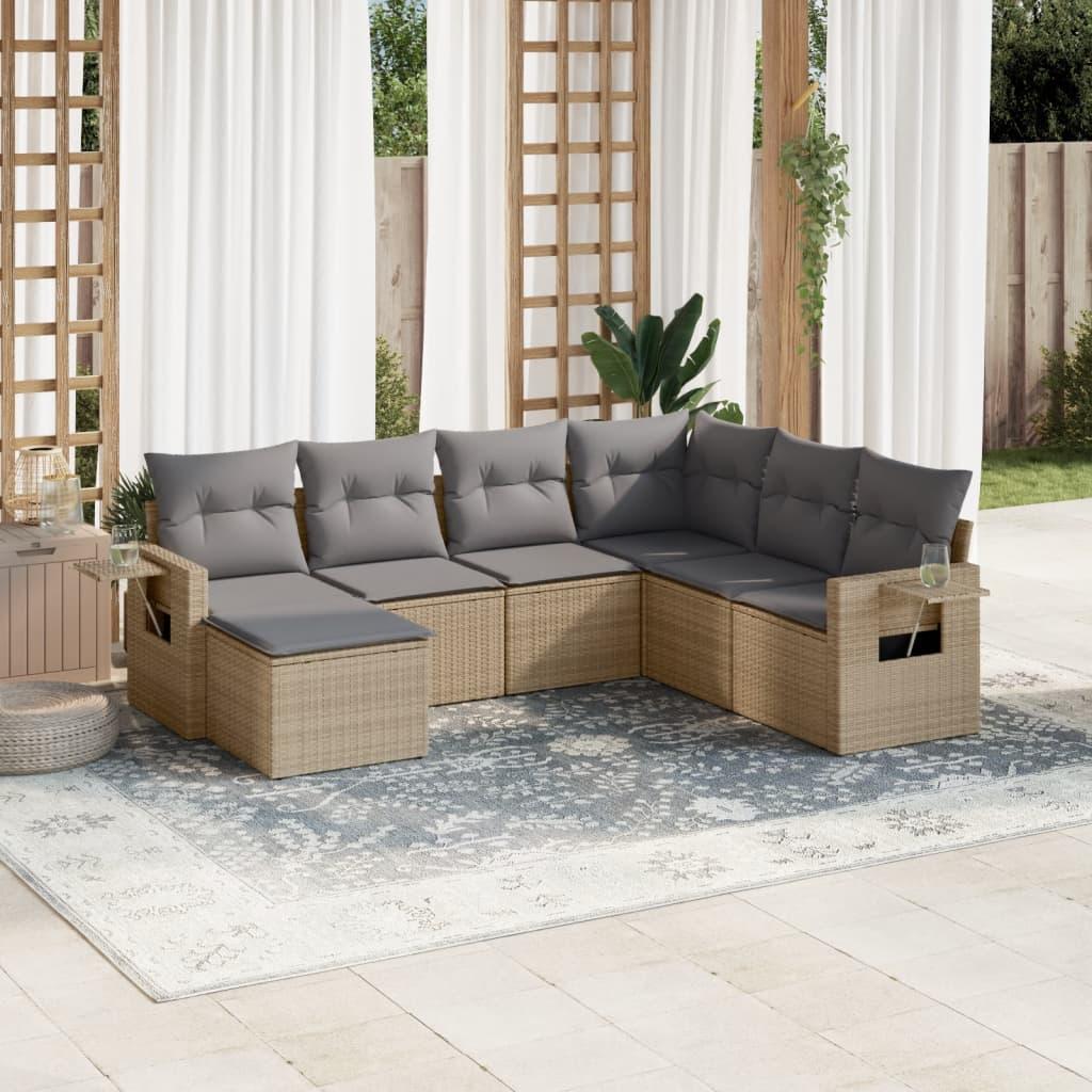 Havesofasæt i polyrattan, 7 dele med hynder - beige billede