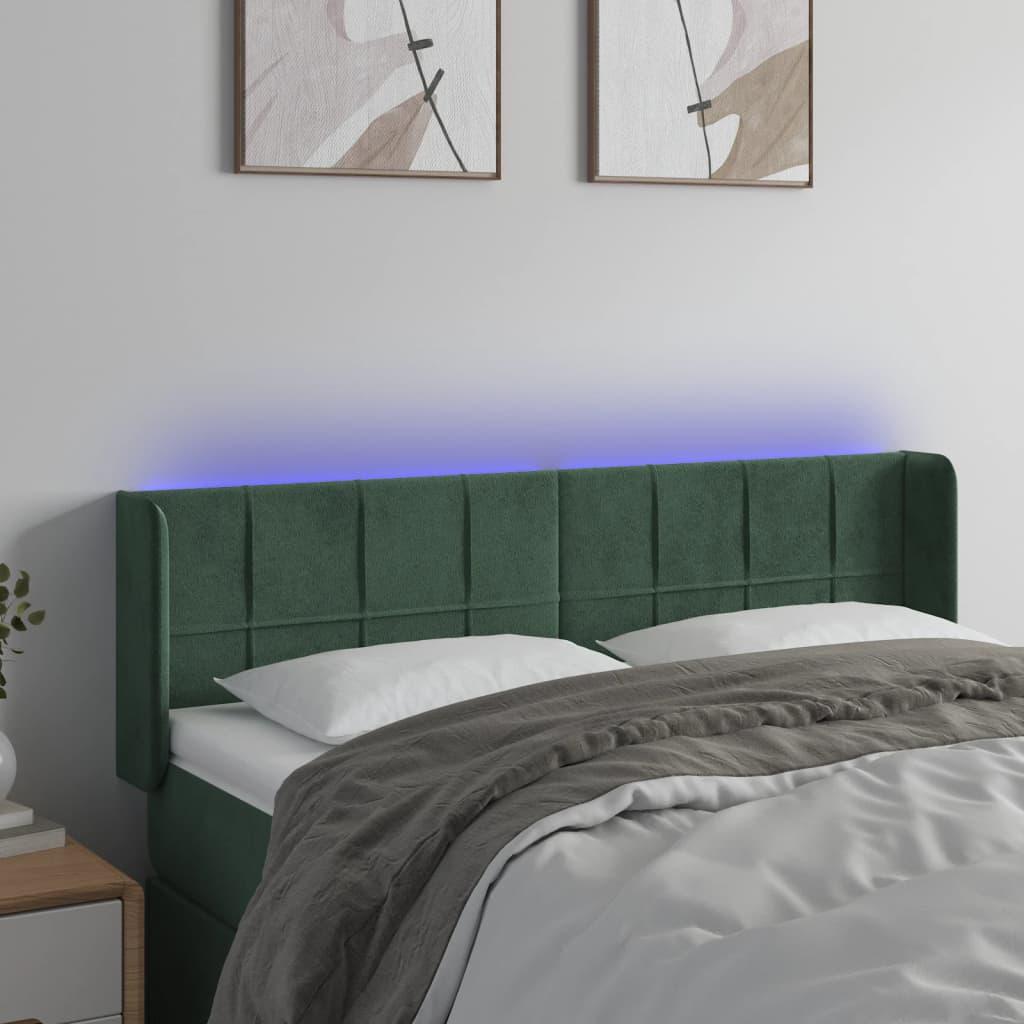 Sengegavl med LED-lys 147x16x78/88 cm - fløjl, mørkegrøn