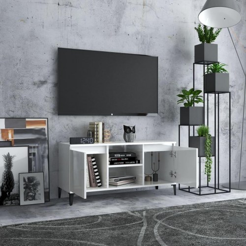 Tv-skab med metalben 103,5x35x50 cm hvid højglans