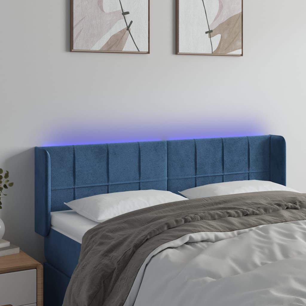 Sengegavl med LED-lys 147×16×78/88 cm - fløjl, mørkeblå billede