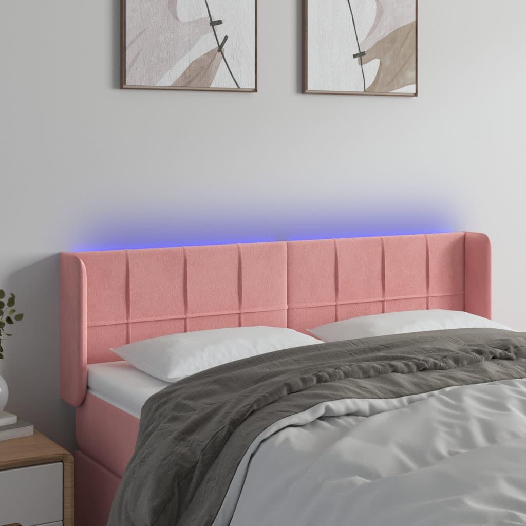 Sengegavl med LED-lys 147x16x78/88 cm fløjl lyserød billede
