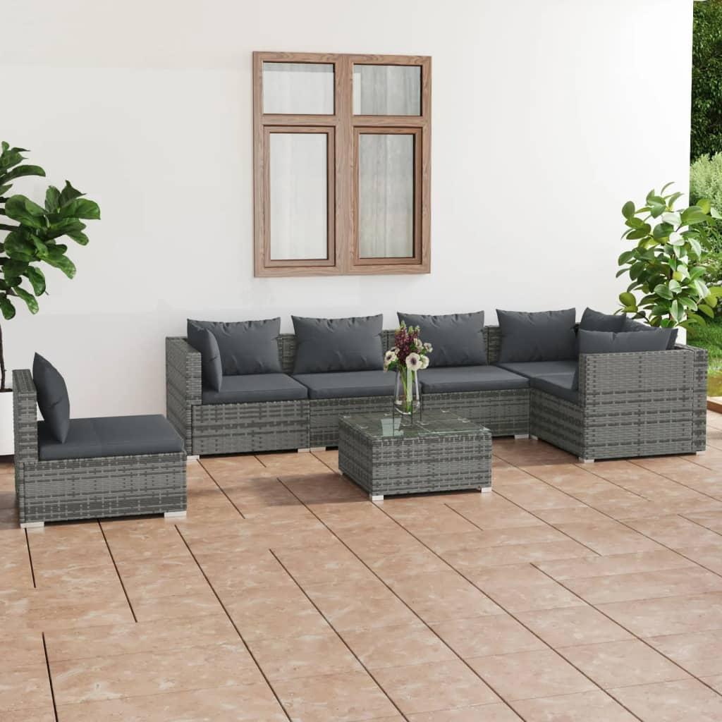 Loungesæt til haven 7 dele med hynder polyrattan grå