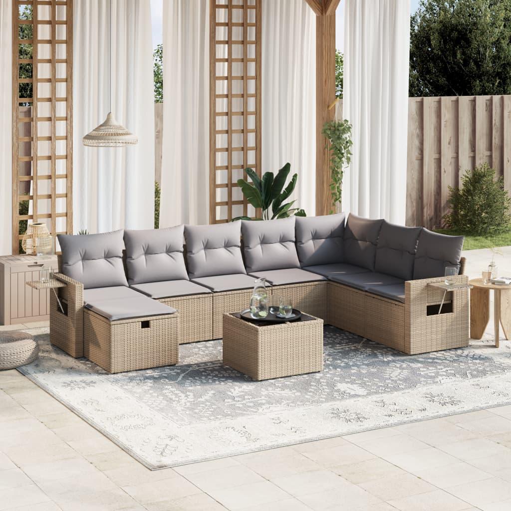 Spisebordssæt til haven 9 dele med hynder polyrattan beige