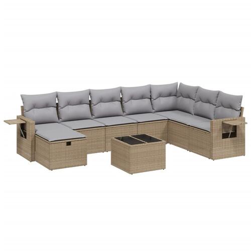 Spisebordssæt til haven 9 dele med hynder polyrattan beige