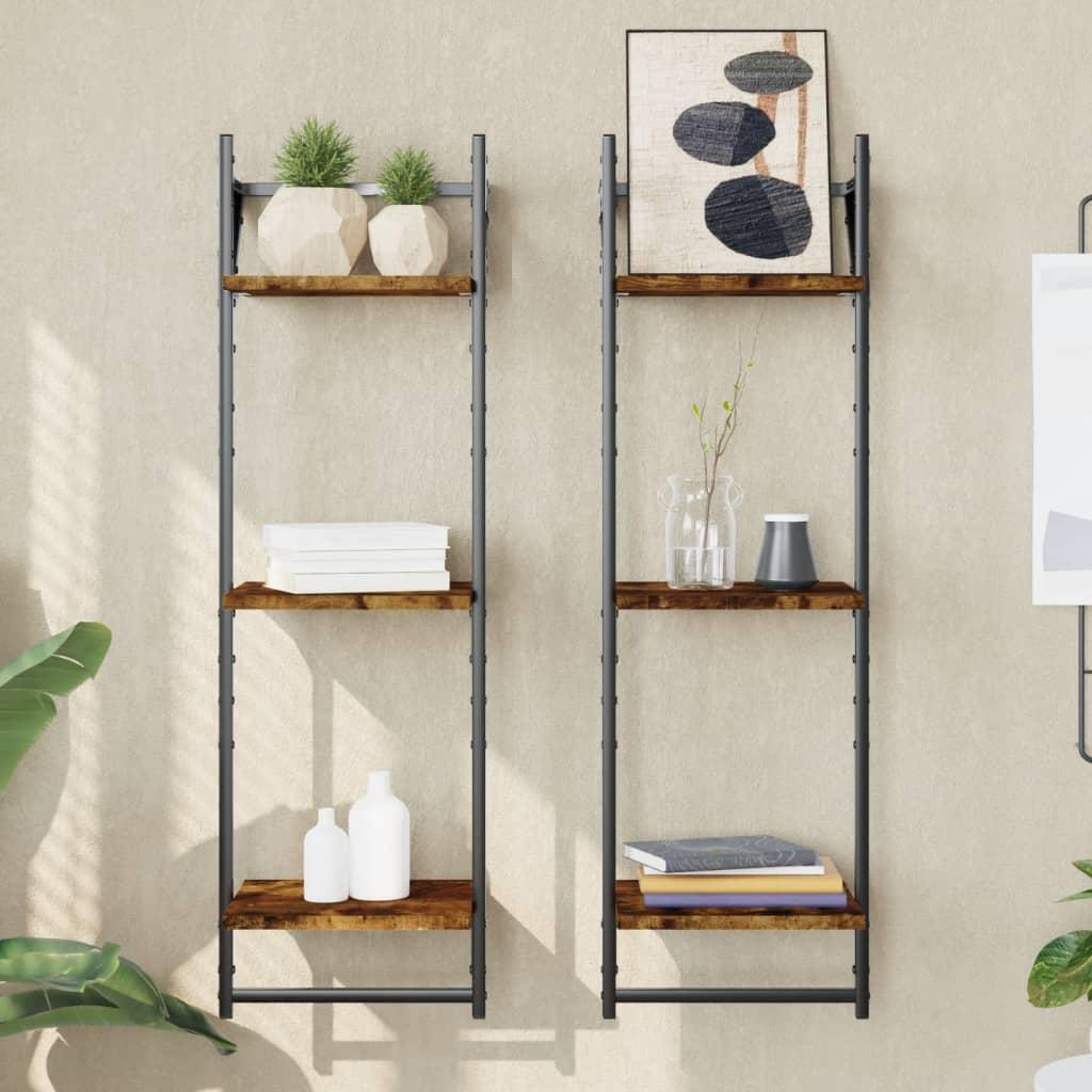 Væghylder 2 stk. med stænger og 3 hylder 30x25x100 cm røget eg
