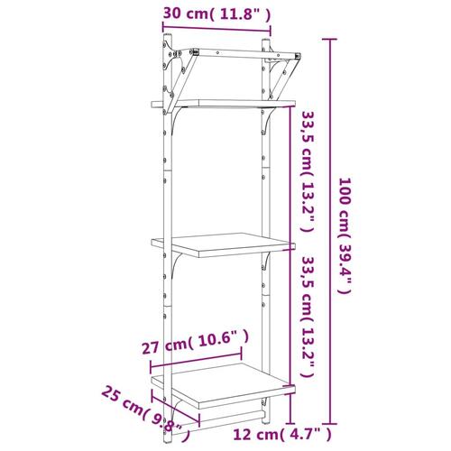 Væghylder 2 stk. med stænger og 3 hylder 30x25x100 cm brunt eg