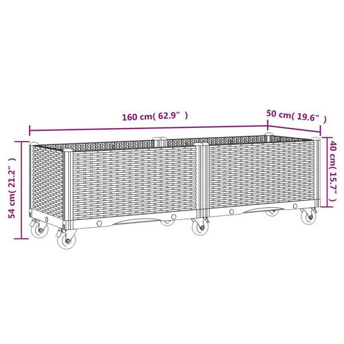 Plantekasse med hjul 160x50x54 cm PP brun