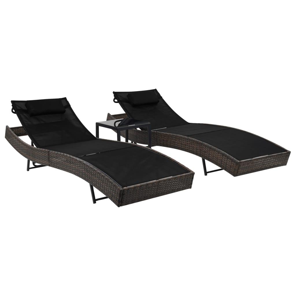 Liggestole 2 stk. med bord polyrattan og textilene brun