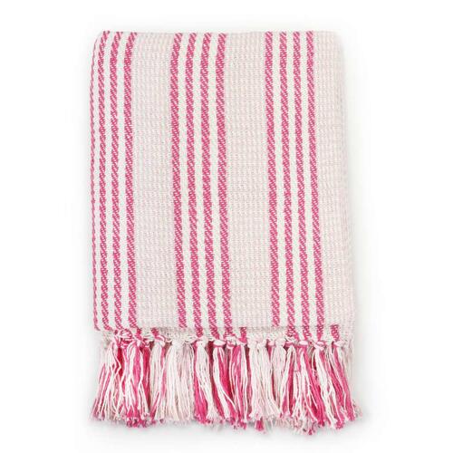 Plaid bomuld stribet 220 x 250 cm lyserød og hvid
