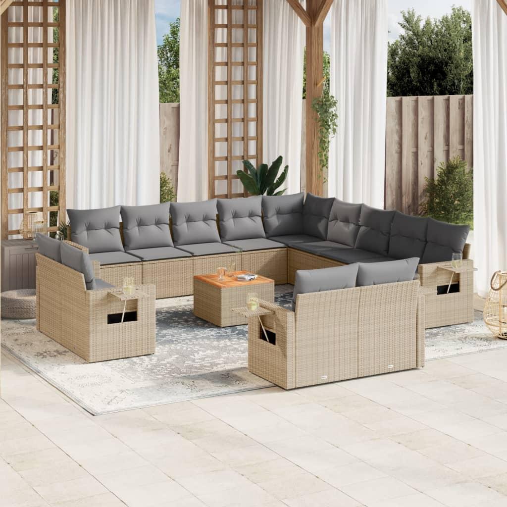 Havesofasæt i polyrattan - 14 dele med hynder, beige billede