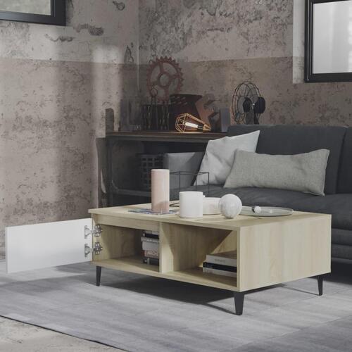 Sofabord 90x60x35 cm konstrueret træ hvid og sonoma-eg