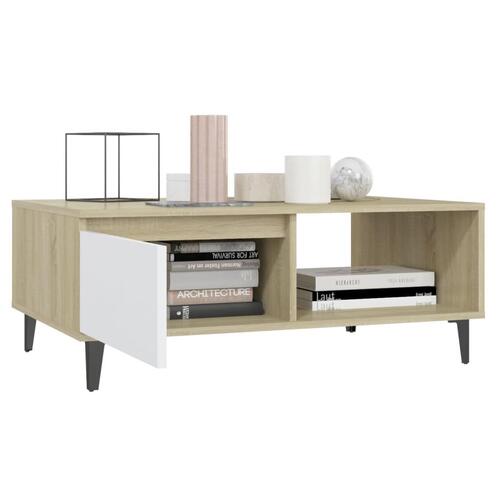 Sofabord 90x60x35 cm konstrueret træ hvid og sonoma-eg