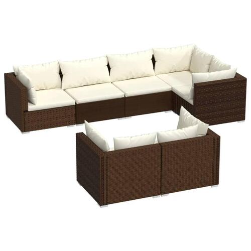 Loungesæt til haven 7 dele med hynder polyrattan brun