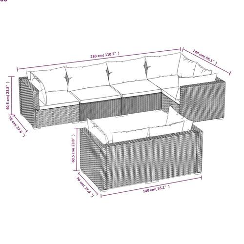 Loungesæt til haven 7 dele med hynder polyrattan brun