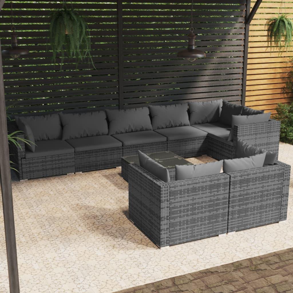 Loungesæt til haven 9 dele med hynder i polyrattan - grå