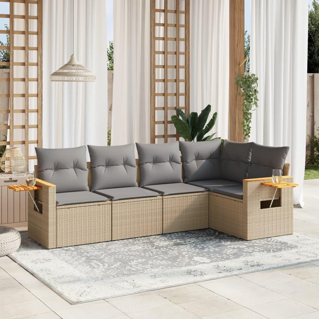 Sofasæt til haven 5 dele med hynder polyrattan beige billede