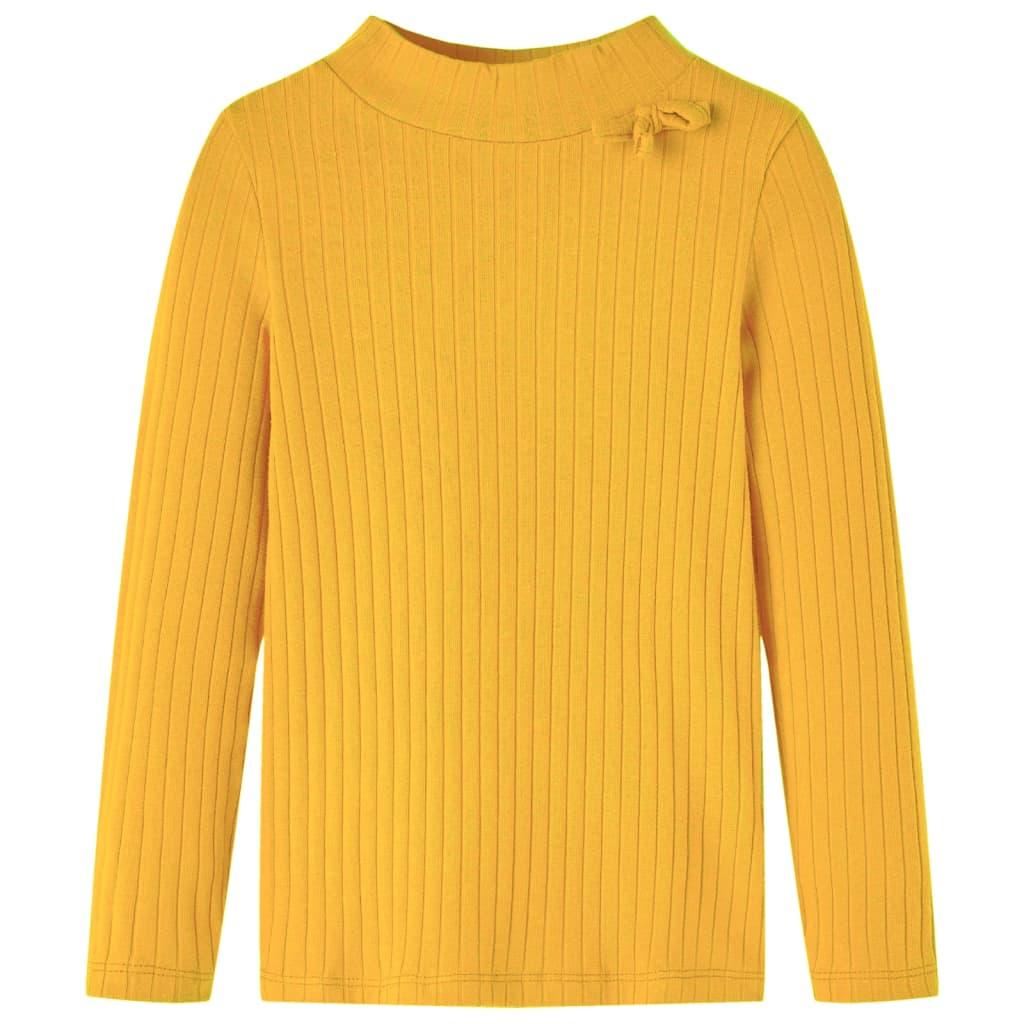 Langærmet T-shirt til børn str. 92 ribstrikket okkergul billede