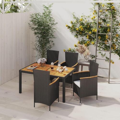 Udendørs spisebordssæt 5 dele med hynder polyrattan sort
