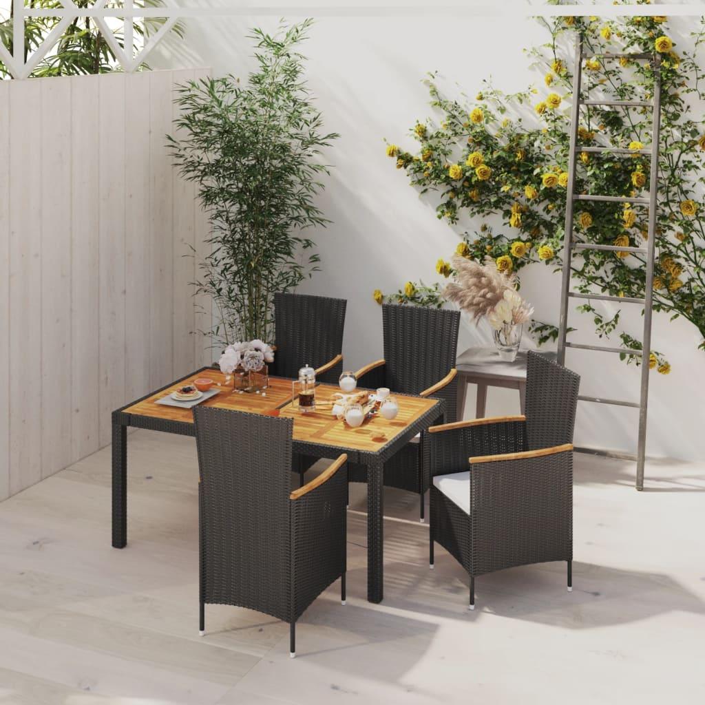 Udendørs spisebordssæt 5 dele med hynder polyrattan sort