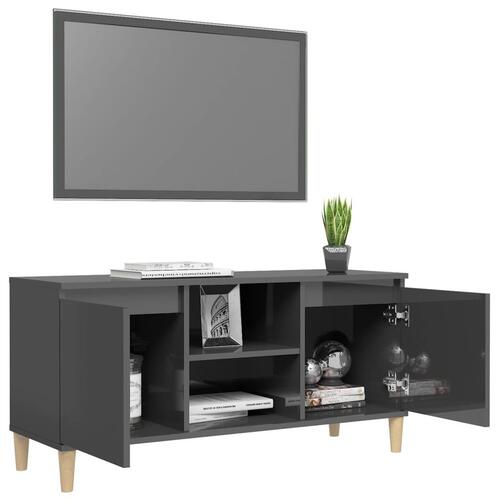 Tv-bord med massive træben 103,5x35x50 cm grå højglans
