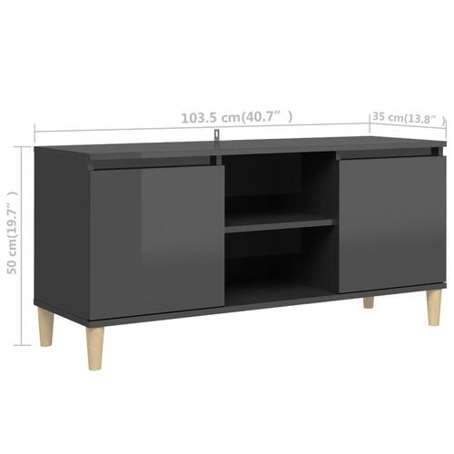Tv-bord med massive træben 103,5x35x50 cm grå højglans