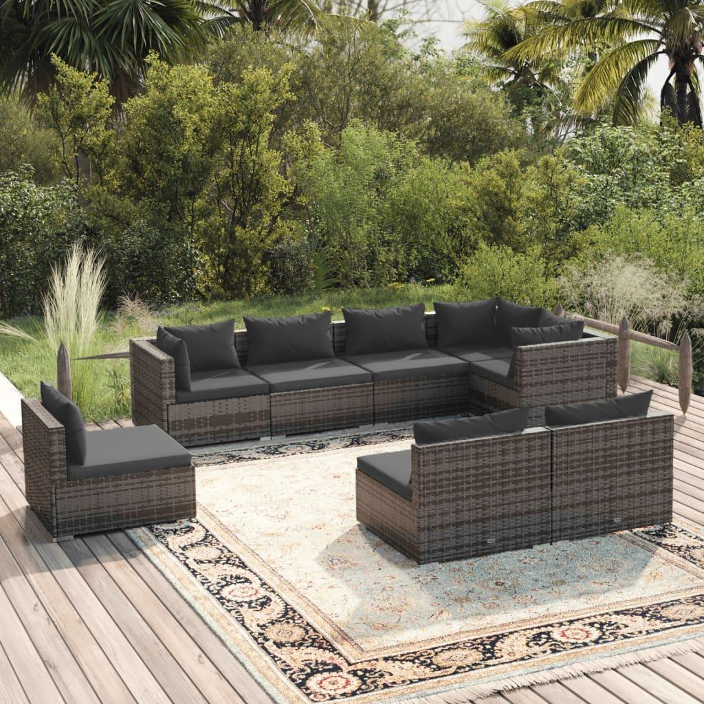 Loungesæt til haven 8 dele med hynder polyrattan grå