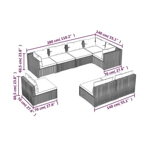 Loungesæt til haven 8 dele med hynder polyrattan grå