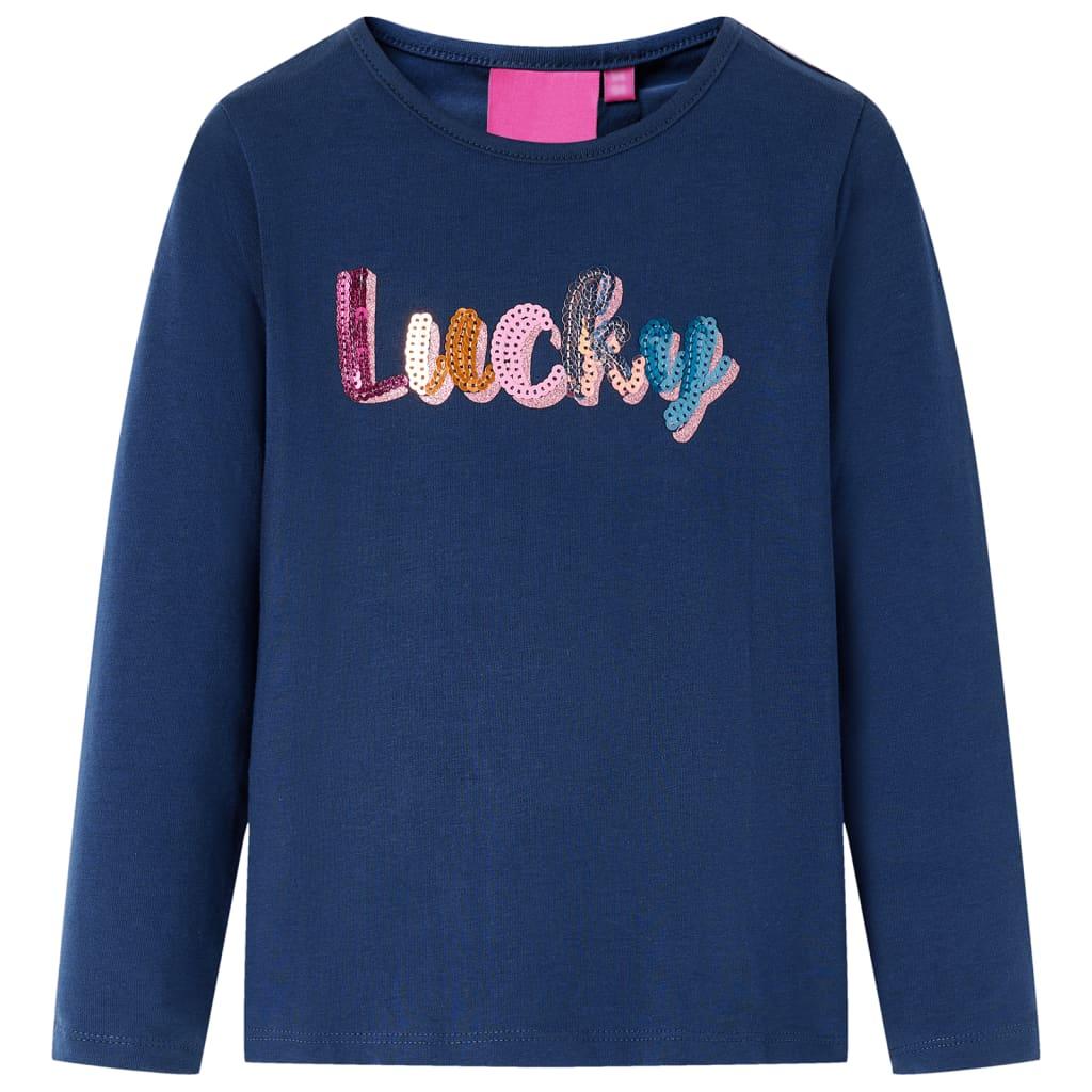 Langærmet T-shirt til børn - str. 116, marineblå med “Lucky”-pailletter billede