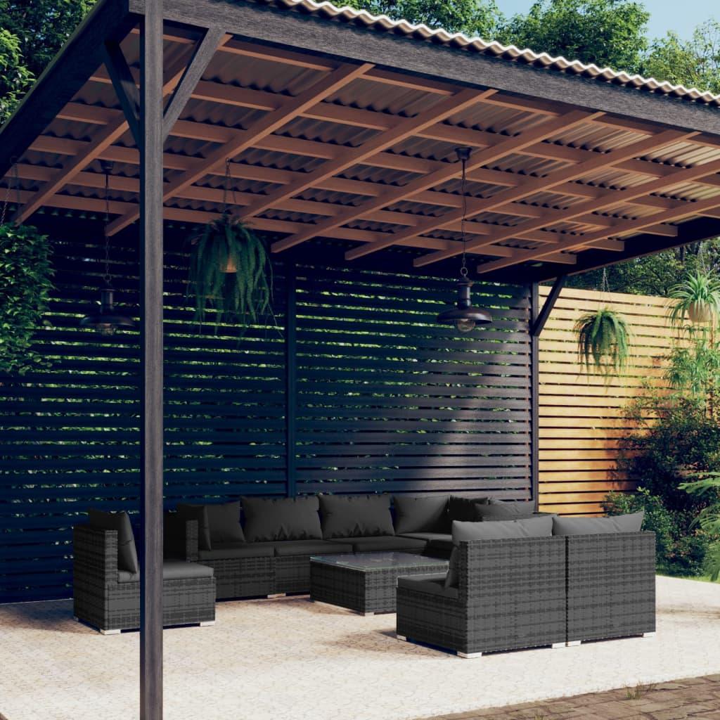 Loungesæt til haven 9 dele med hynder polyrattan grå