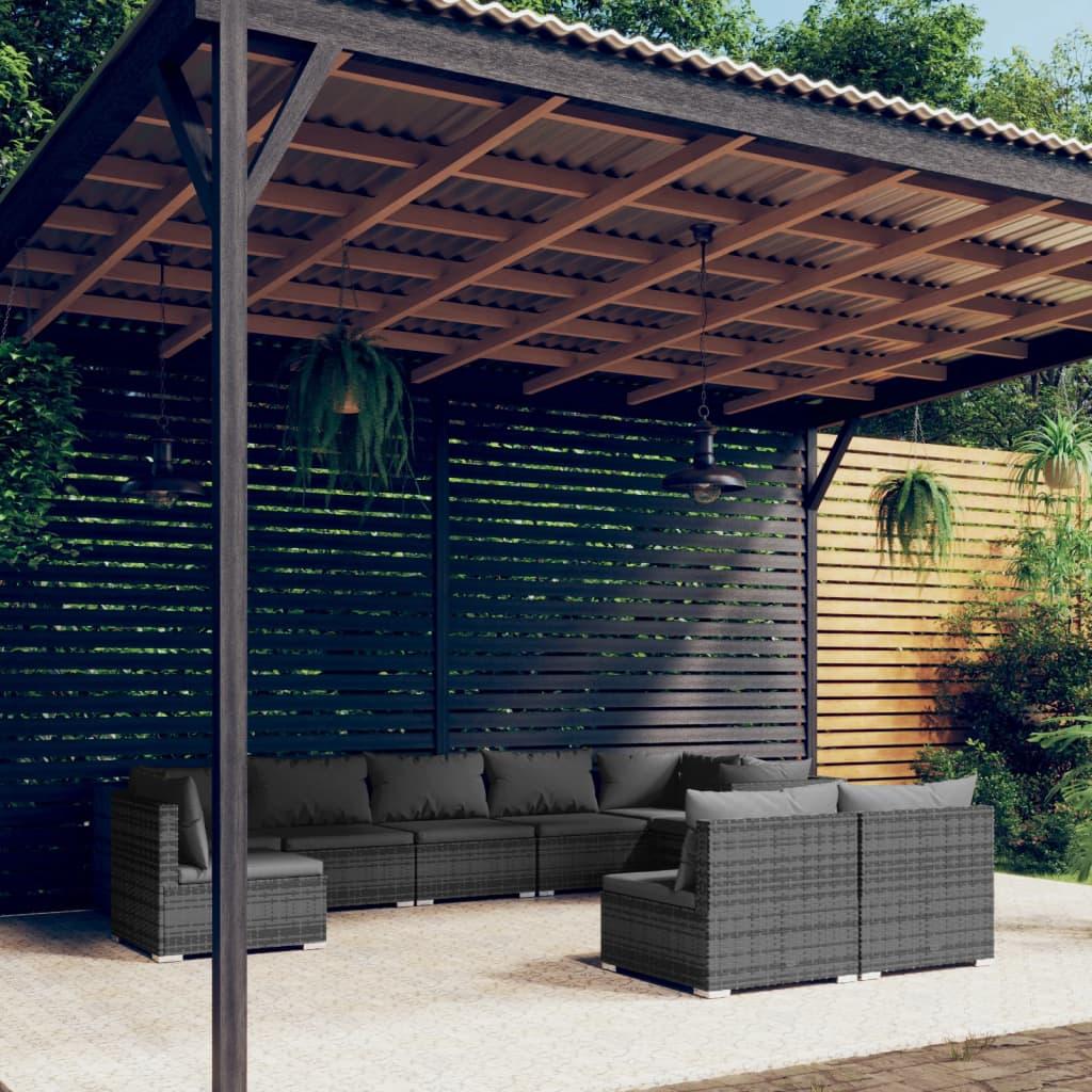 Loungesæt til haven 9 dele med hynder polyrattan grå