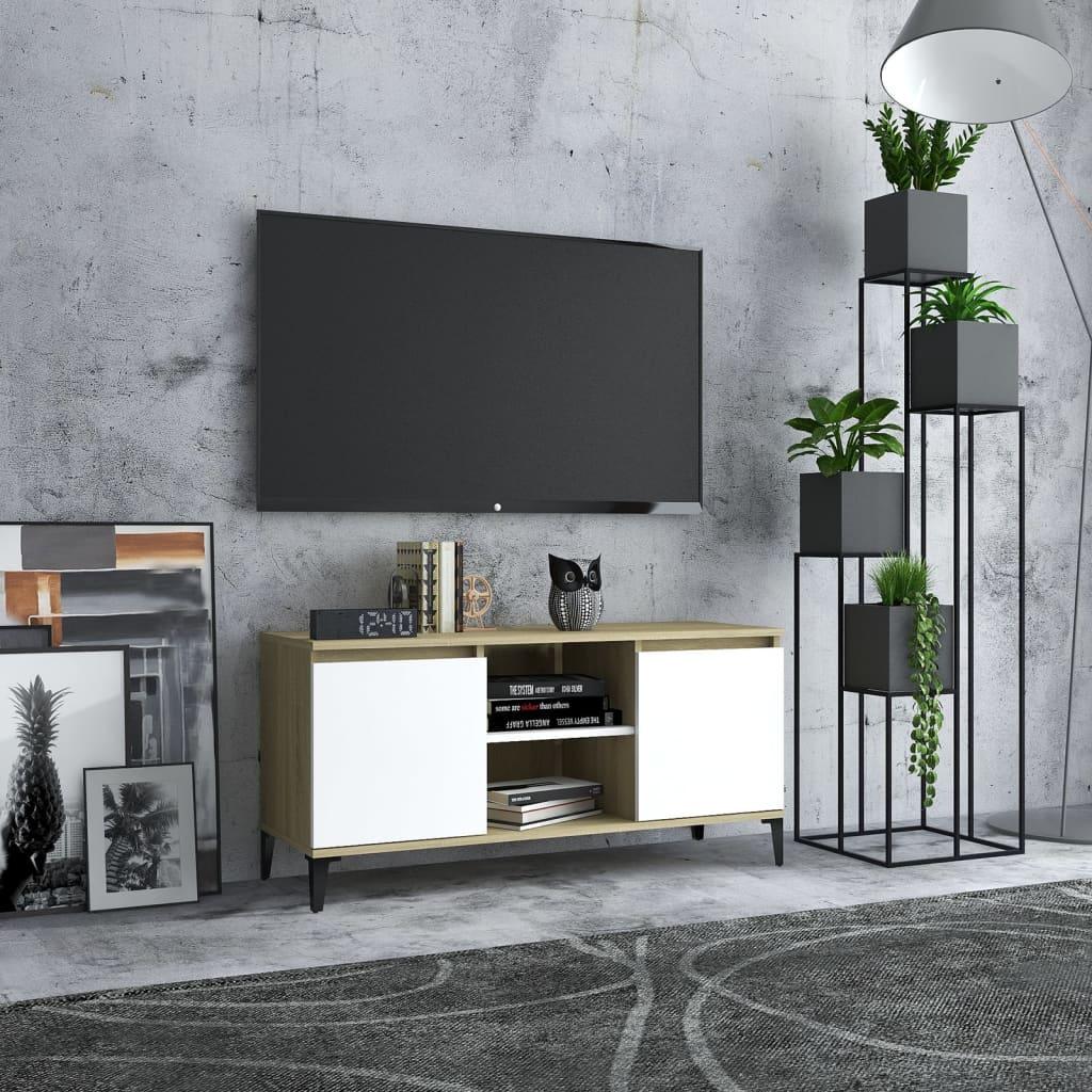 Tv-skab med metalben 103,5x35x50 cm hvid og sonoma-eg
