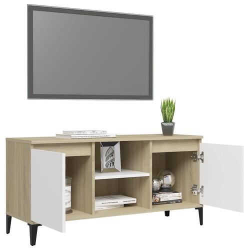Tv-skab med metalben 103,5x35x50 cm hvid og sonoma-eg
