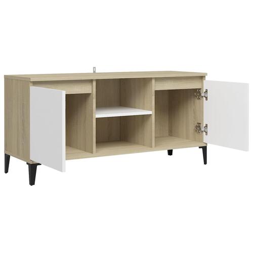Tv-skab med metalben 103,5x35x50 cm hvid og sonoma-eg