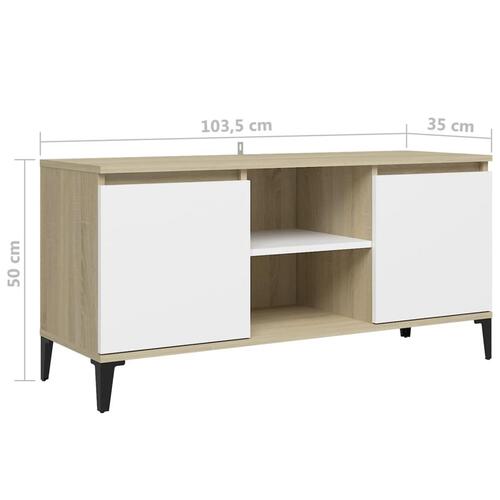 Tv-skab med metalben 103,5x35x50 cm hvid og sonoma-eg