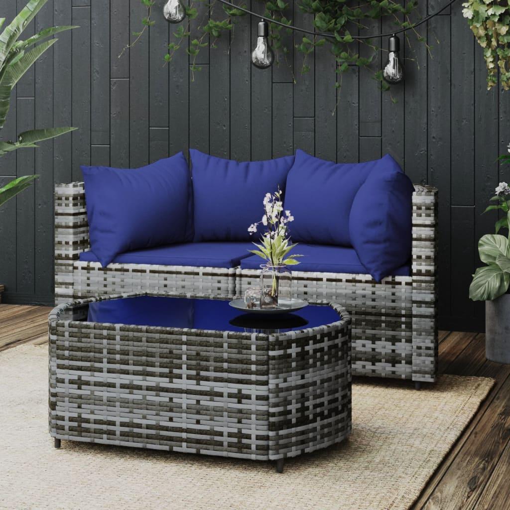 Loungesæt til haven 3 dele med hynder polyrattan grå