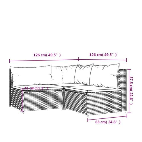 Loungesæt til haven 3 dele med hynder polyrattan grå