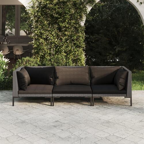 Loungesæt til haven 3 dele med hynder polyrattan mørkegrå