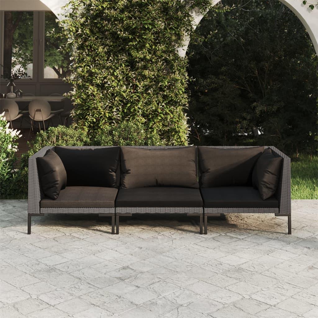 Loungesæt til haven 3 dele med hynder polyrattan mørkegrå