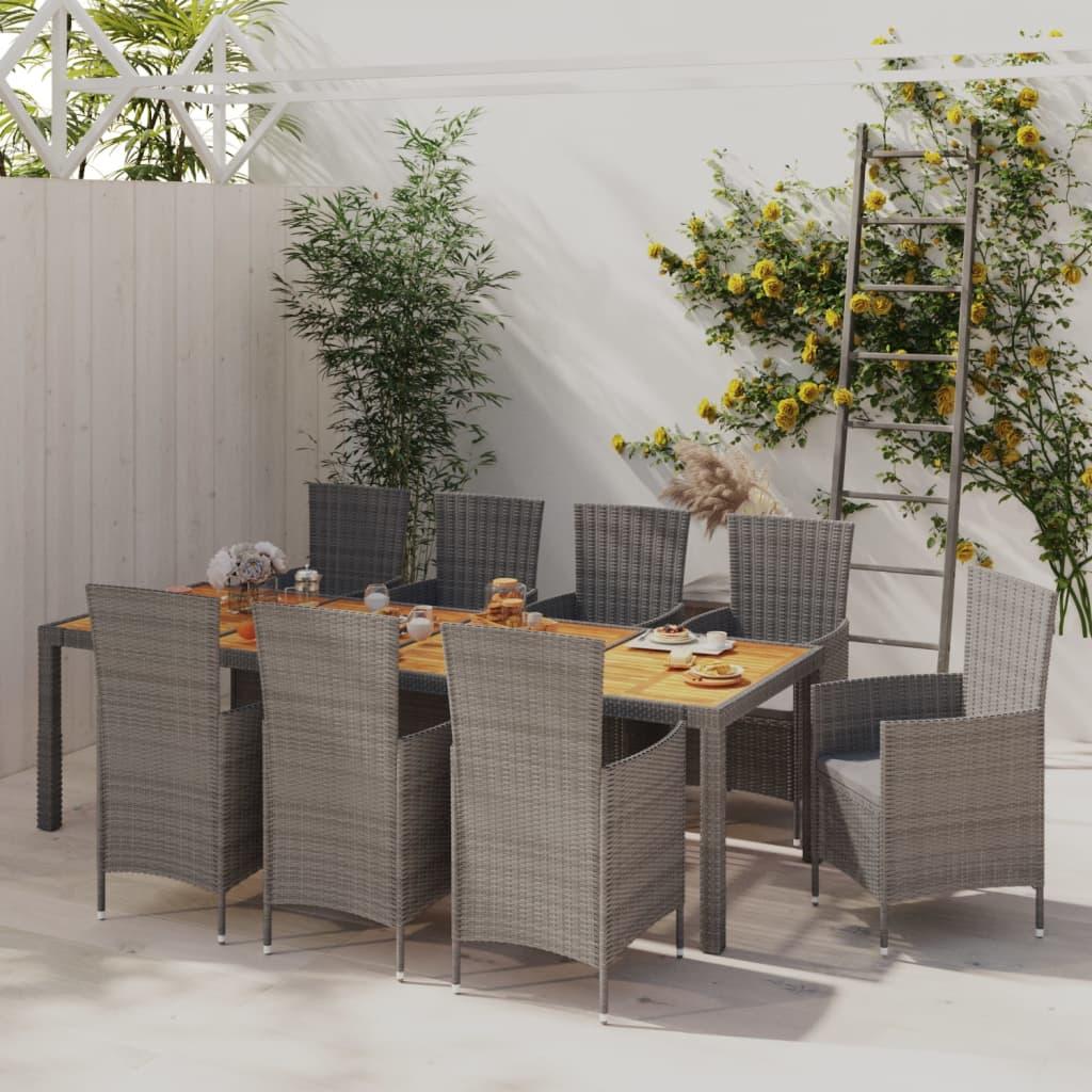 Udendørs spisebordssæt 9 dele med hynder polyrattan grå