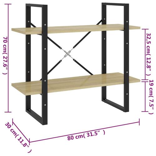 Bogreol med 2 hylder 80x30x70 cm konstrueret træ sonoma-eg
