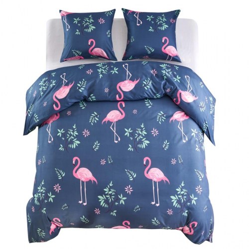 Sengesæt 200x200/80x80 cm flamingoprint marineblå/pink