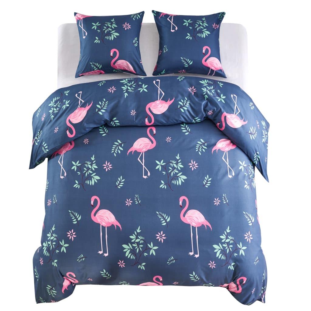 Sengesæt 200x200/80x80 cm flamingoprint marineblå/pink