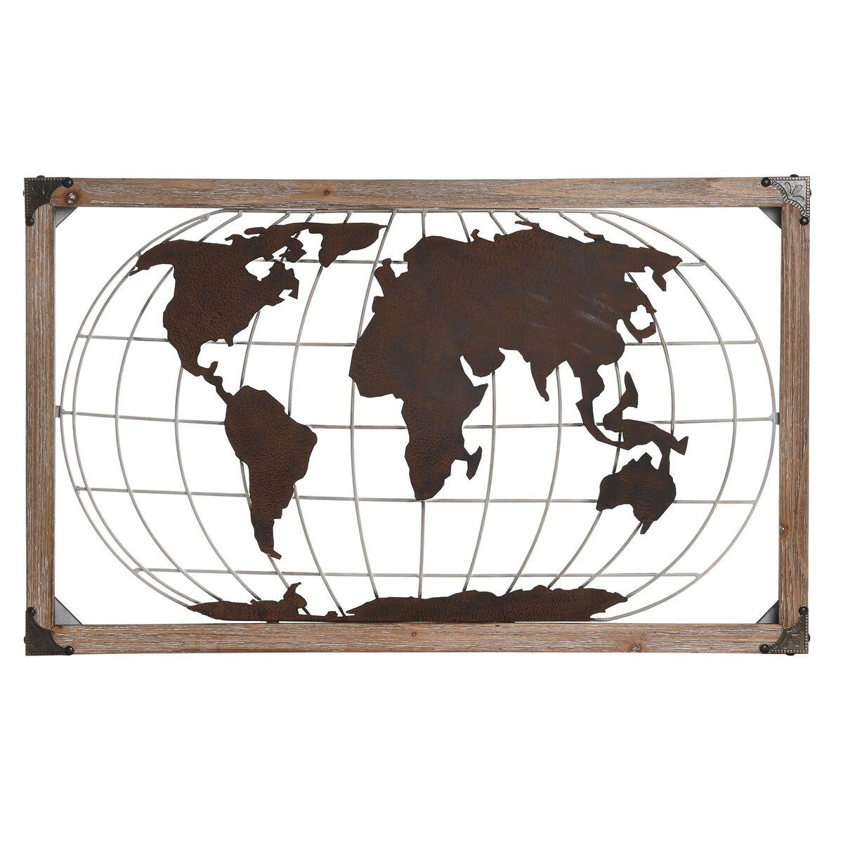 Dekorativt verdenskort i metal og fyrretræ - kobber, 75 × 6 × 46 cm