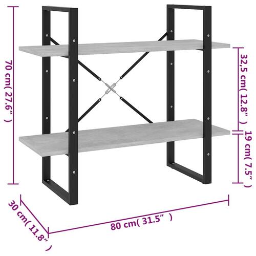 Bogreol med 2 hylder 80x30x70 cm konstrueret træ betongrå
