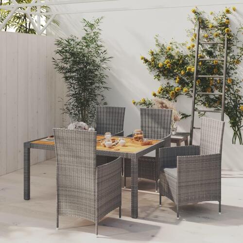 Udendørs spisebordssæt 5 dele med hynder polyrattan grå