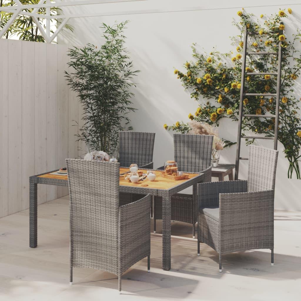 Udendørs spisebordssæt 5 dele med hynder polyrattan grå