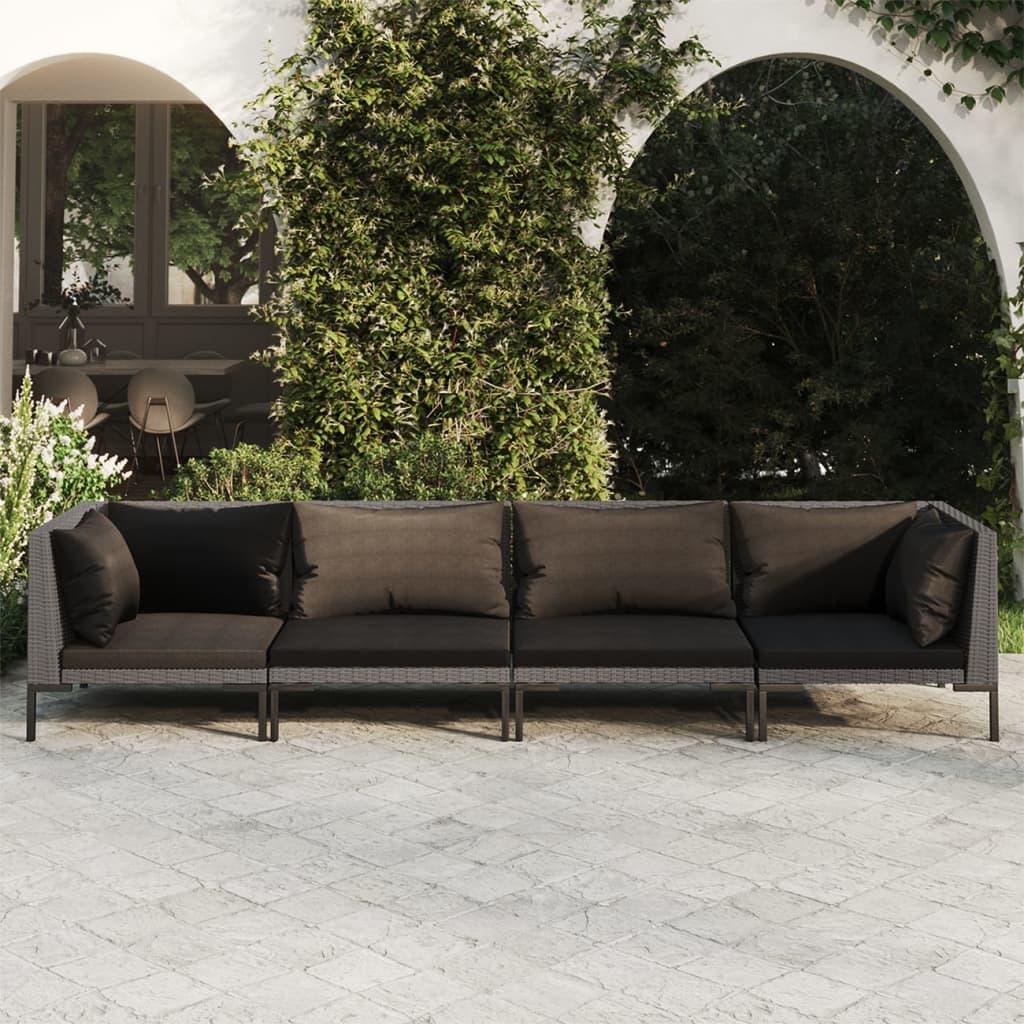 Loungesæt til haven 4 dele med hynder polyrattan mørkegrå