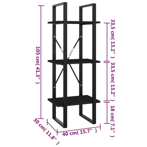 Bogreol med 3 hylder 40x30x105 cm konstrueret træ sort